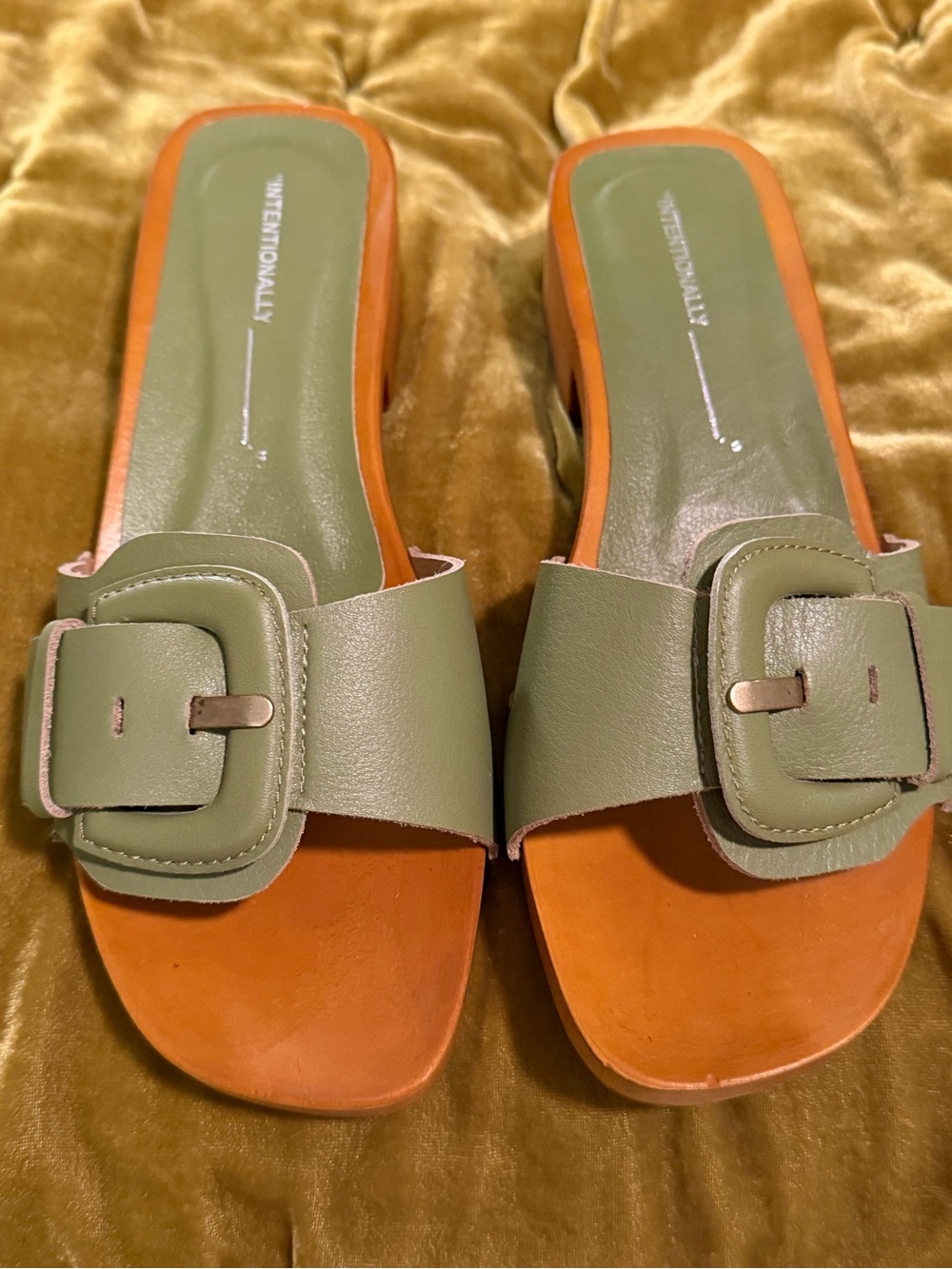 INTENTIONALLY BLANK Olive Green Buckle Slide Mules with Wood-Tone Platform - Picture 2 of 4